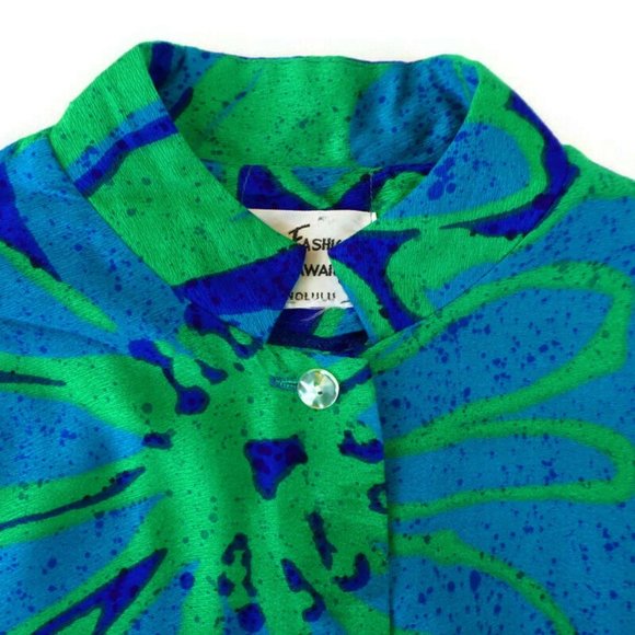 Vintage 60s Sun Fashion of Hawaii Tunic Mod Blue Mandarin Band Collar Bark Cloth - Picture 9 of 10